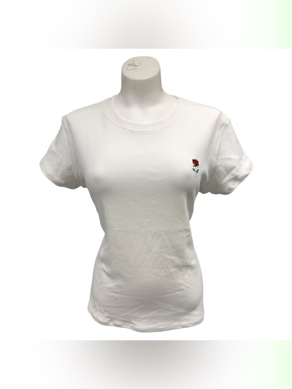 Brunette The Label NWT White Short Sleeve Tee with Red Rose Embroidery Size Xl